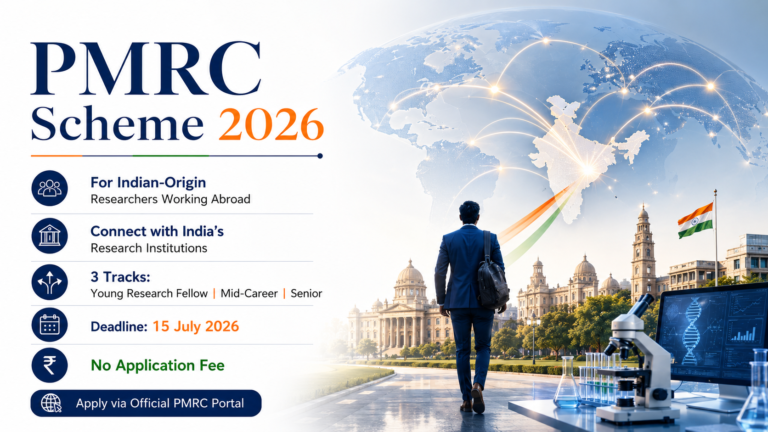 PMRC Scheme 2026 | Bring Indian-Origin Researchers Abroad Back to India's Research Institutions (Deadline 15 July 2026) **The Prime Minister's Research Coalition (PMRC) Scheme 2026 is a Government of India initiative that connects globally experienced Indian-origin researchers and professionals currently working abroad with leading academic institutions and national research laboratories in India. Eligible candidates can submit applications until 15 July 2026. There is no application fee.** The scheme has been launched to strengthen research and innovation in India by bringing experienced global talent into the country's academic and scientific institutions. Selected fellows will work on projects linked to national research priorities and contribute to scientific and technological development in India. --- ## Who Can Apply The PMRC Scheme is open to Indian-origin researchers and professionals currently working abroad. The scheme offers opportunities for researchers at different career stages through three fellowship tracks. Applications opened on 1 June 2026 through the official PMRC portal at pmrc.education.gov.in. The Young Research Fellow (YRF) track is for researchers with less than five years of post-PhD experience. The mid-career track is for candidates with five to less than ten years of post-doctoral experience. The senior track is for experienced researchers with at least ten years of post-PhD experience and a strong record of research leadership. --- ## How to Apply Interested candidates can apply through the official PMRC portal. Applicants need to register either as a Fellow or as a Host Institution. The process involves completing the online application form, uploading the required information, and submitting a research proposal before the deadline. --- ## Final Checklist - [ ] Confirm you are an Indian-origin researcher or professional currently working abroad - [ ] Identify which fellowship track matches your years of post-PhD experience: Young Research Fellow, mid-career, or senior - [ ] Register on the official PMRC portal as a Fellow - [ ] Prepare a research proposal connected to national research priorities - [ ] Submit your complete application before 15 July 2026 --- *Last updated: June 2026. Always verify current eligibility criteria, fellowship track details, and the application portal link on the official PMRC website before applying.