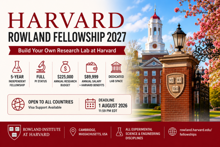 Harvard Rowland Fellowship 2027| Independent Research Lab at Harvard with $225,000 Annual Budget (Deadline 1 August 2026)