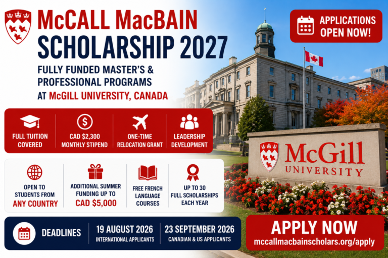 McCall MacBain Scholarship 2027 — Fully Funded Master's at McGill University, Canada (Applications Open Now)