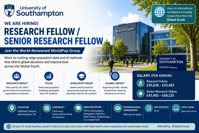 Research Fellow / Senior Research Fellow β WorldPop Group, University of Southampton, UK 2026 (Salary Up to Β£58,225)