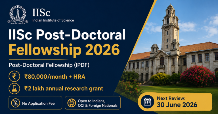 IISc Post-Doctoral Fellowship (IPDF) 2026 |₹80,000/Month + ₹2 Lakh Research Grant at India’s Top Research Institute